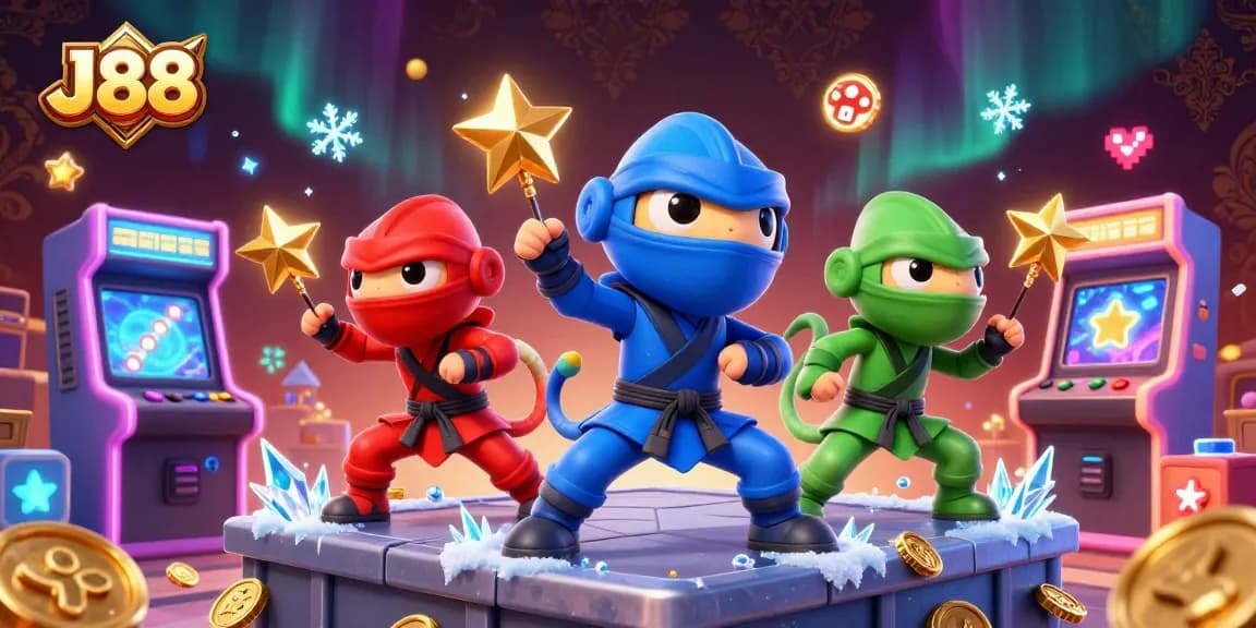 Join the action at J88 with our ninja chameleon team in an exciting casino scene of synchronized gaming adventures.