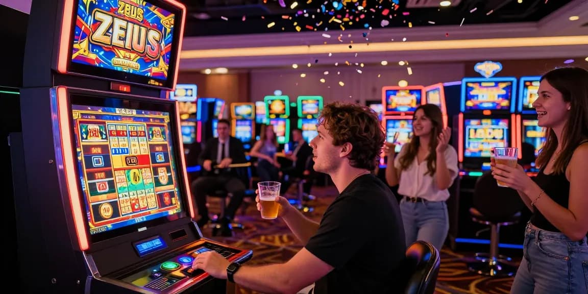 Player enjoying zeus slot machine at a lively casino, bright lights and festive atmosphere.