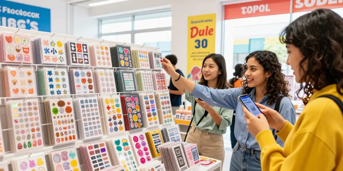 Custom stickers in a vibrant retail setting with a customer exploring designs and colourful displays.