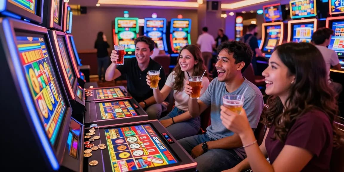 Exciting judi slot gacor scene at a casino with friends celebrating a big win amidst colorful lights and slot machines.