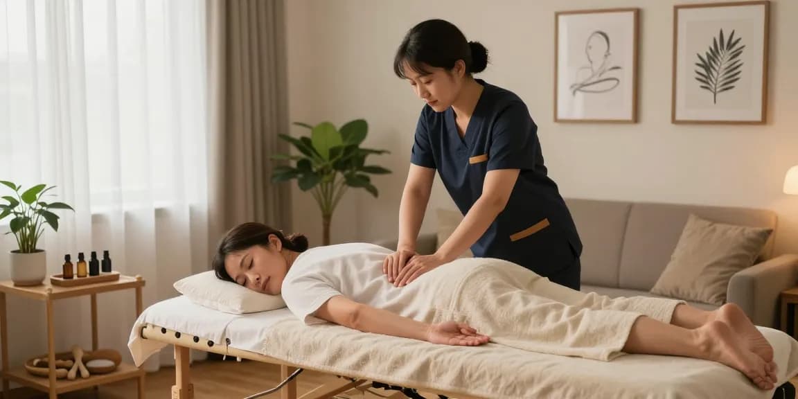중랑구출장안마 - Professional therapist giving a relaxing massage in a cozy home setting.