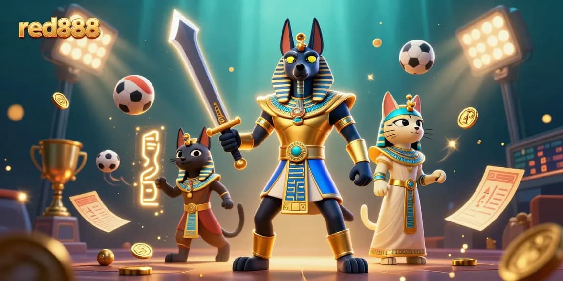 Experience the vibrant energy of red888 sports betting with Anubis and Bastet in a dynamic scene.