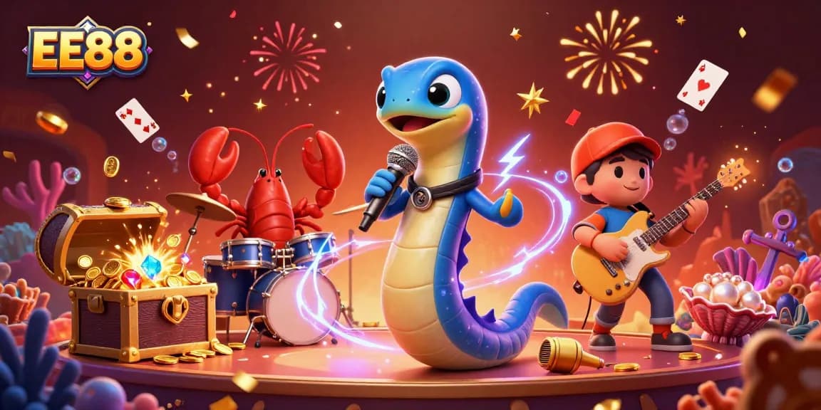 Experience dynamic gambling fun with EE88 featuring electric eel DJs and colorful treasures.
