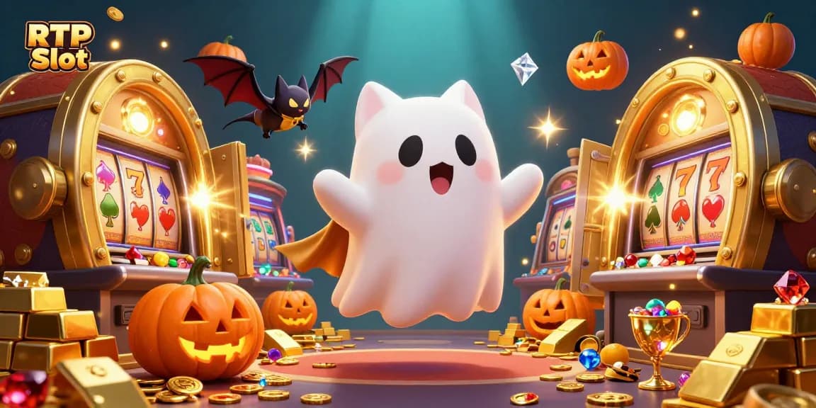 Experience thrilling gameplay with RTP Slot featuring a friendly ghost cat and a vampire bat amidst riches and vibrant casino symbols.