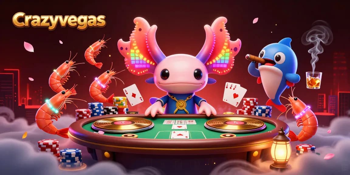 Engage with crazyvegas in a vibrant casino scene featuring an axolotl DJ and dancing shrimp.