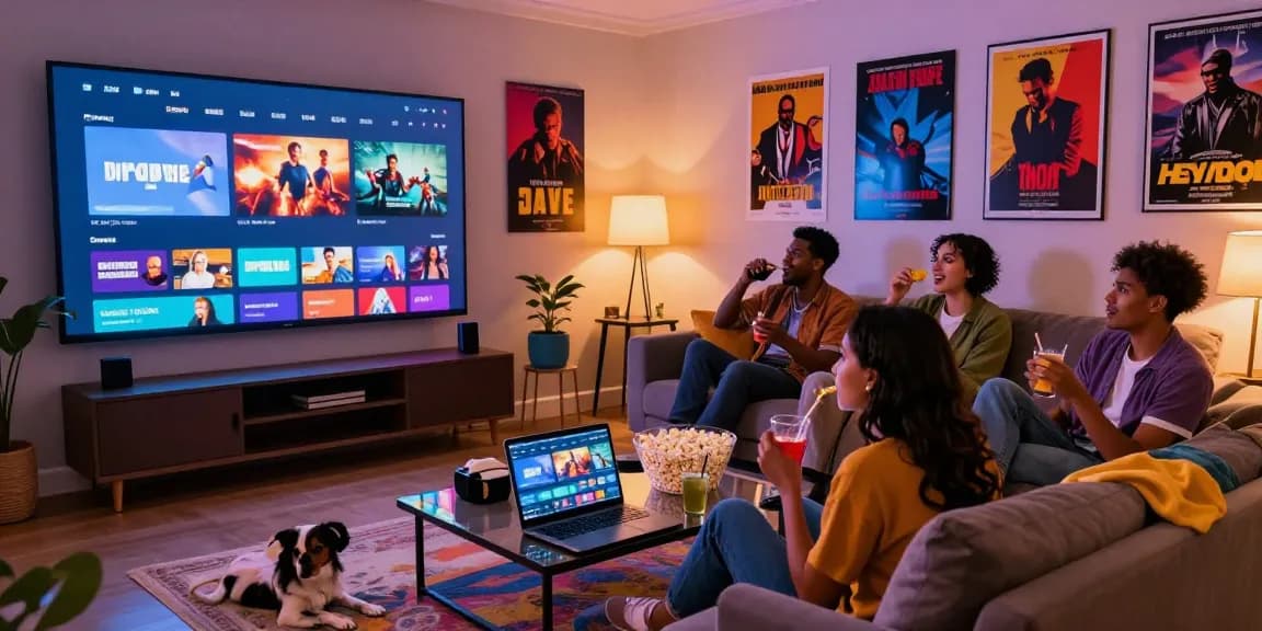 Friends enjoying a movie night on Motchill, showcasing a cozy living room with streaming apps visible on laptops.
