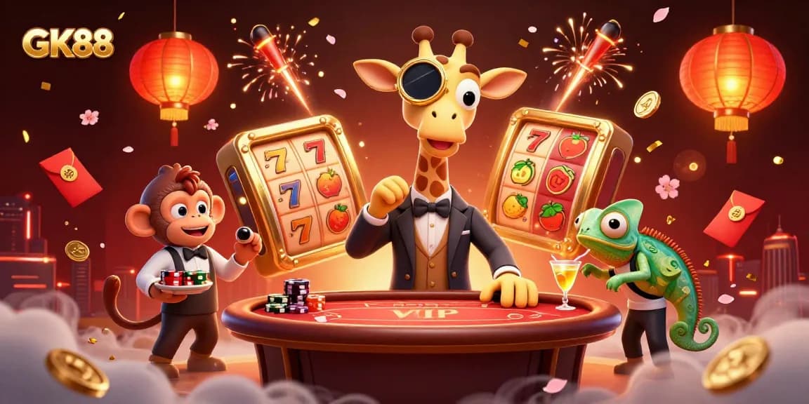 GK88 slot players enjoy a vibrant 3D casino scene with lively characters and immersive elements.