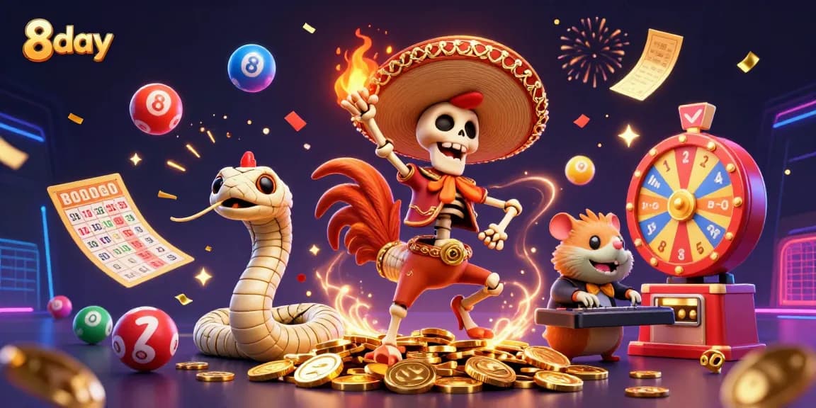 Witness the exciting 8day gaming adventure with vibrant characters celebrating winnings amidst colorful casino elements.