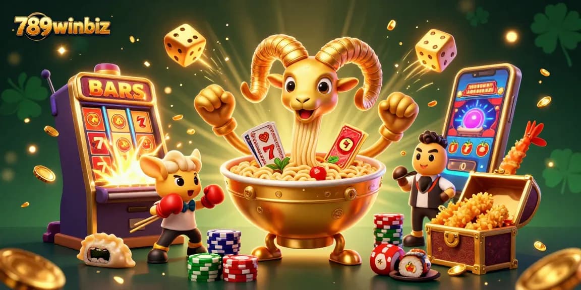 Engaging scene illustrating 789winbiz with a vibrant golden ramen bowl dealer and dynamic casino elements.