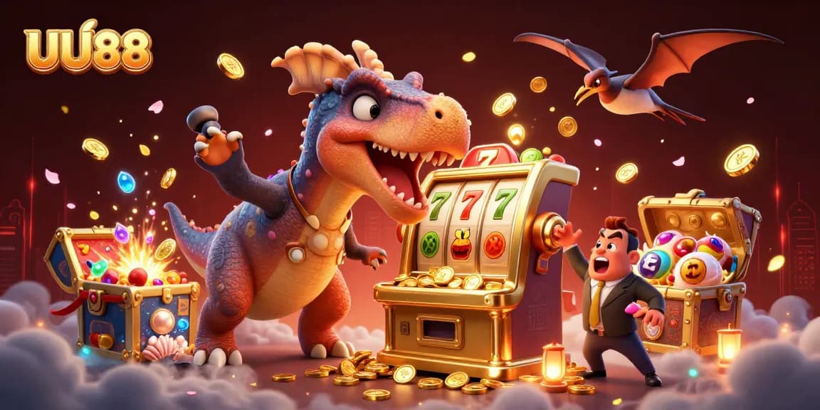 UU88 slot machine comes to life with golden coins, humor, and excitement in a vibrant casino atmosphere.