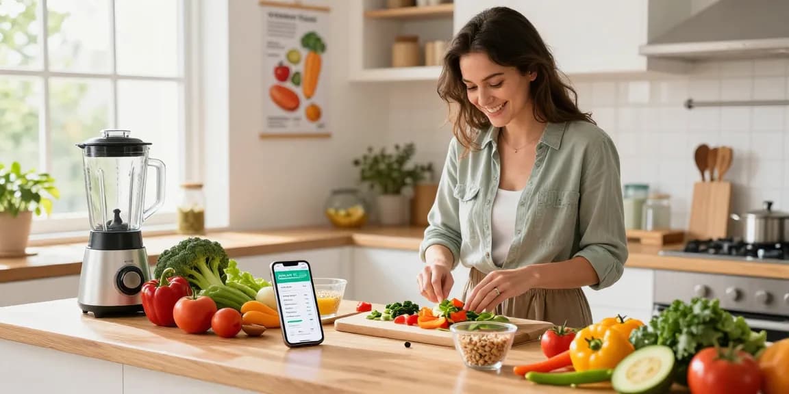 Nutritionist using the best AI macro tracker app while preparing a healthy meal in a bright kitchen.