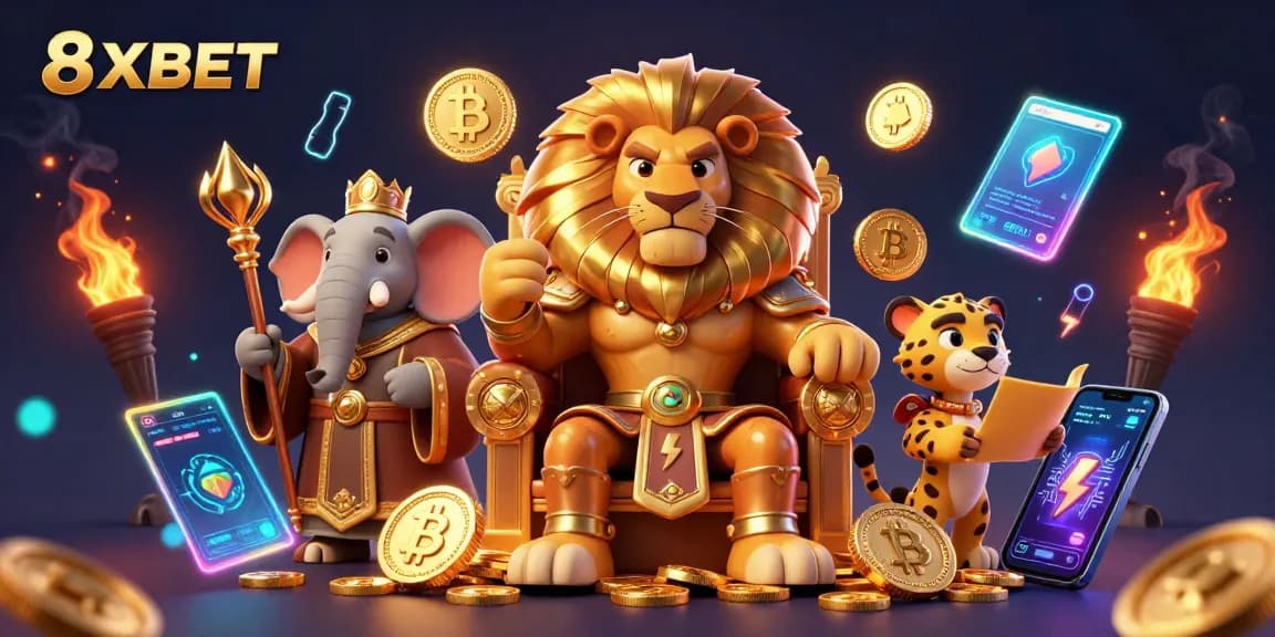 Engage in thrilling online gaming experiences with 8XBET's vibrant casino world highlighted by a fierce lion king.