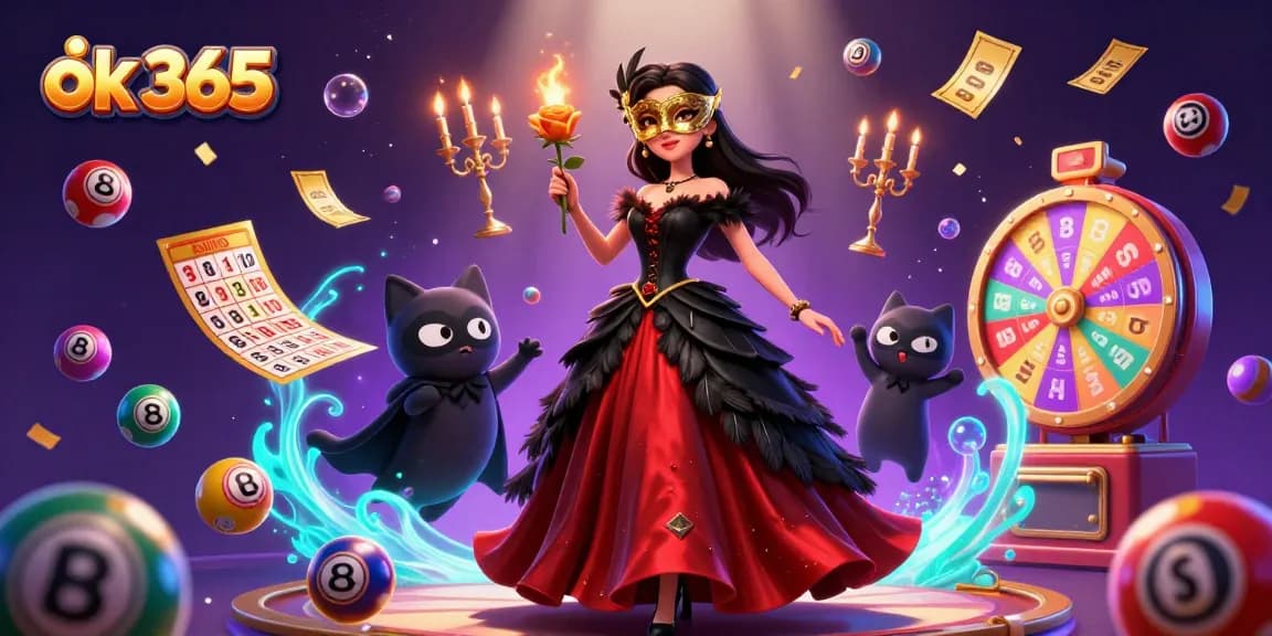 Join the excitement with ok 365 as vibrant lottery balls and gold tickets explode in a dynamic casino scene.