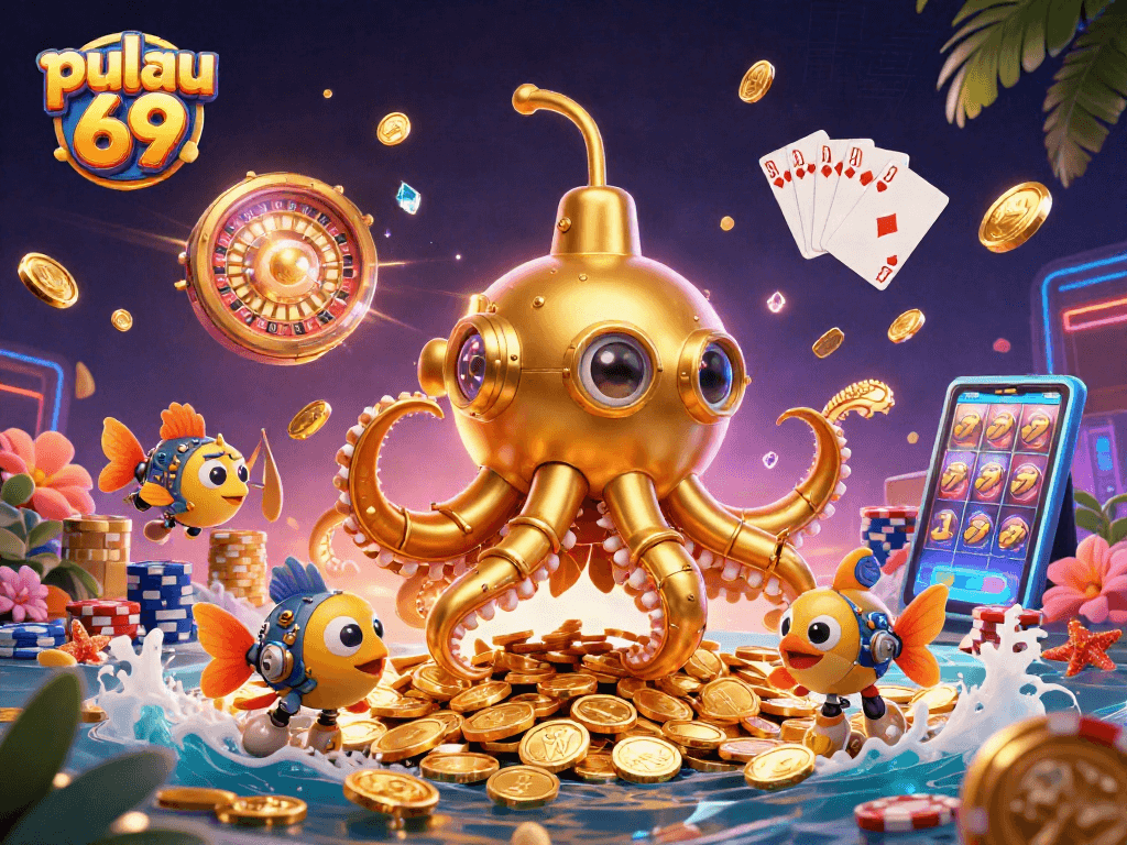 Win big with pulau 69 in a vibrant casino scene filled with gold coins and exciting game elements.