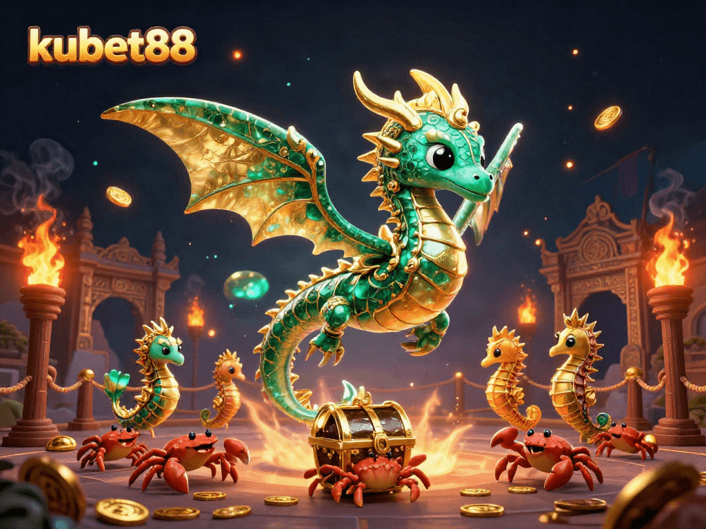 Experience the thrilling excitement of kubet88 with a vibrant 3D dragon and rich casino elements.