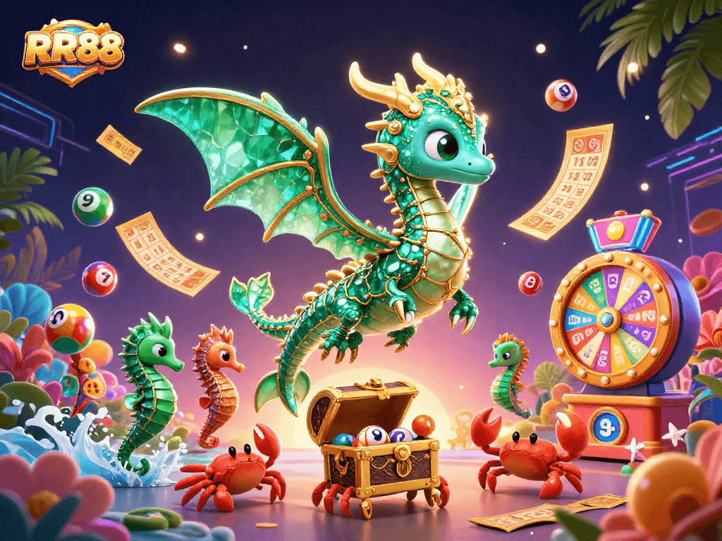Engage with thrilling RR88 lottery and casino games depicted in a vibrant, 3D fantasy illustration.