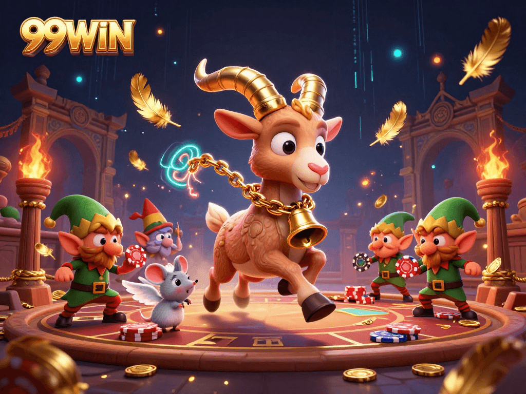 Experience thrilling gameplay at 99WIN with festive characters in a vibrant casino scene.