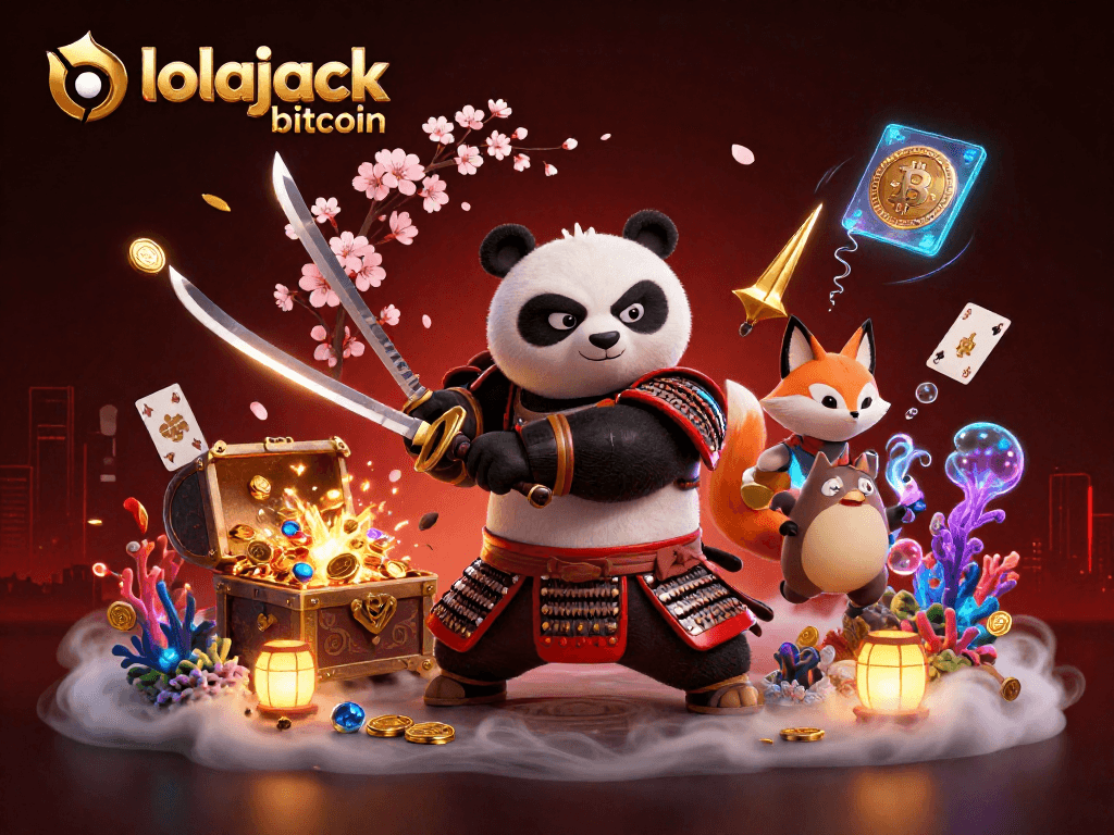 Engage in thrilling gameplay with lolajack bitcoin as the samurai panda draws its katana in a vibrant casino scene.