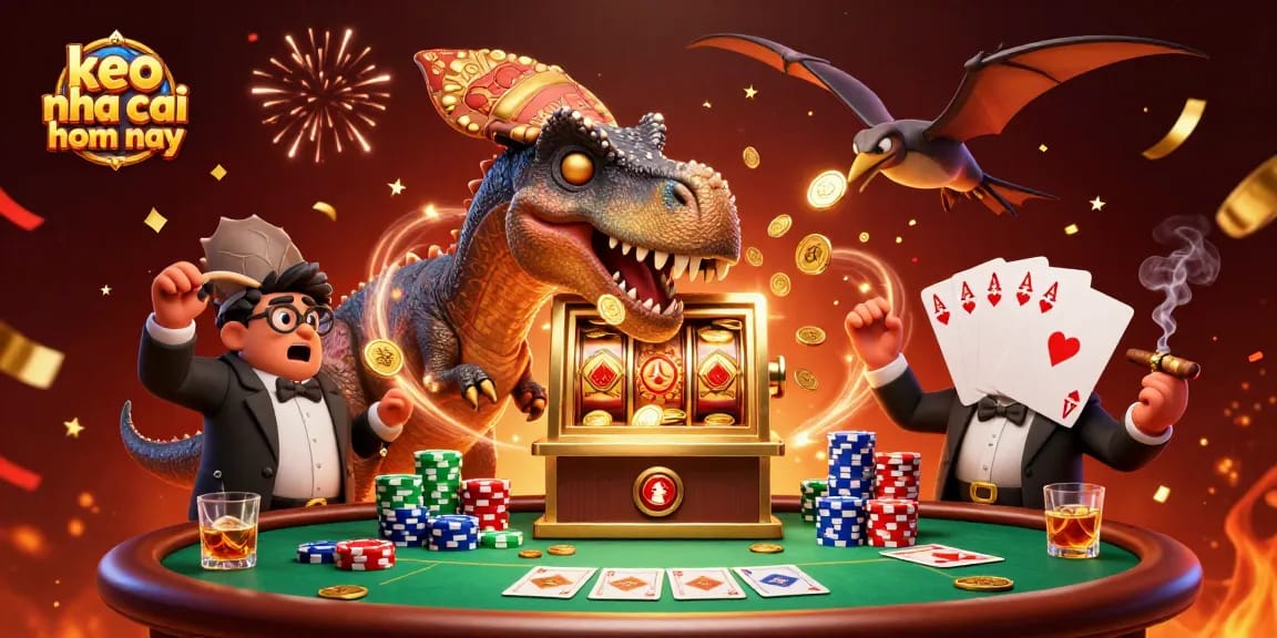 Experience keo nha cai hom nay with a dynamic scene depicting a prehistoric casino adventure filled with excitement and winnings.