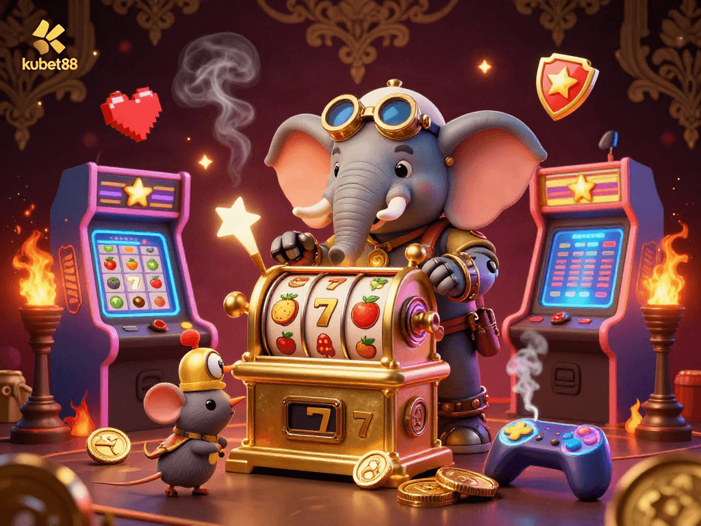 Engage with kubet88's vibrant casino experience, featuring unique steampunk characters and dynamic slot game elements.