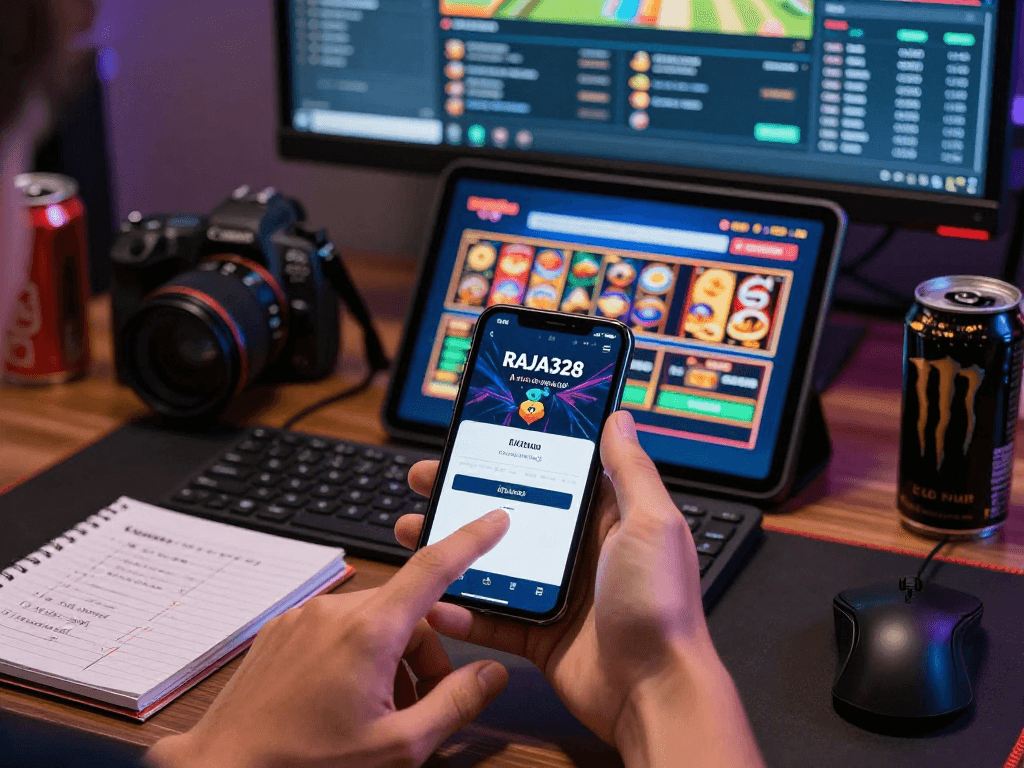 Engaging online experience with link raja328 on smartphone amidst gaming setup.