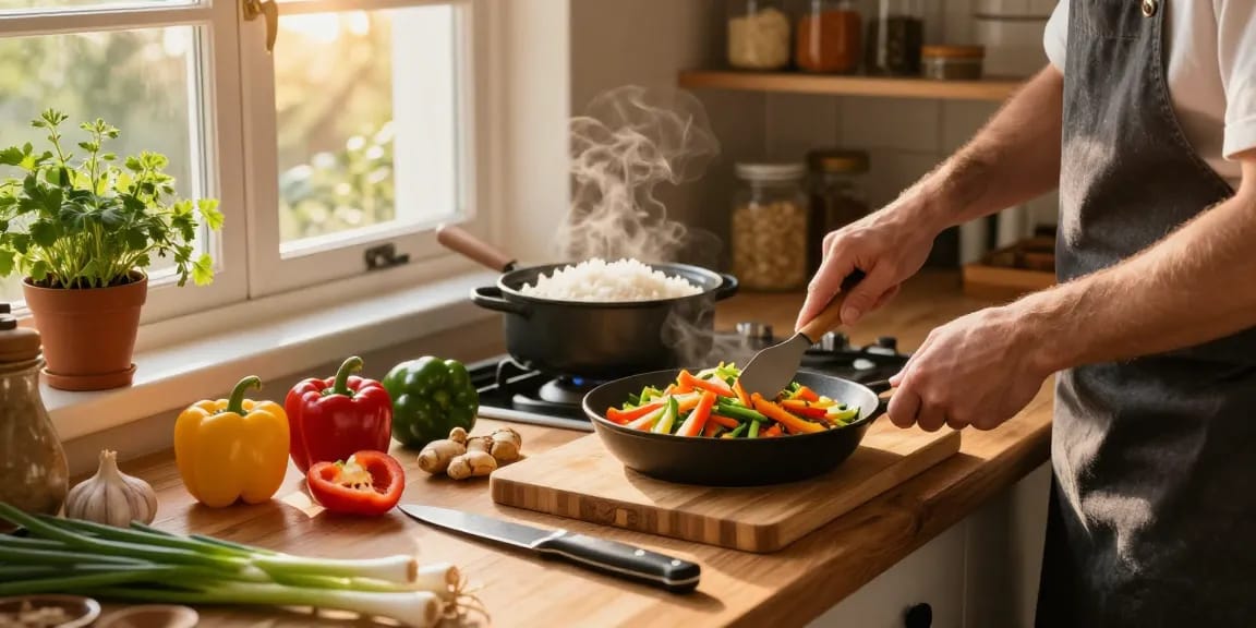 Preparing fresh vegetable stir-fry with ginger and turmeric in cozy kitchen, showcasing the benefits of สล็อตเว็บตรง in health.