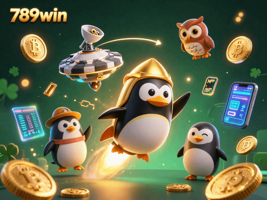 Join the adventure in 789win with a golden penguin racing through a vibrant gambling-themed galaxy.