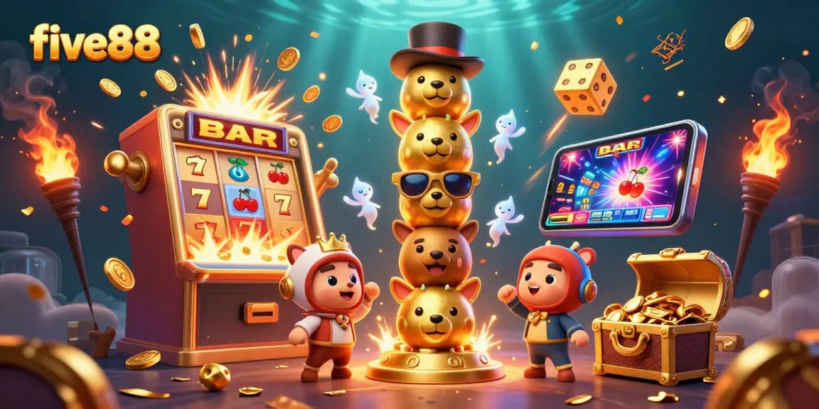 Engage in the exciting world of five88 with a captivating illustration featuring dynamic casino elements.