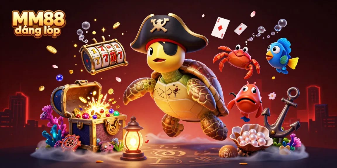Experience MM88 đăng nhập with vibrant characters and casino elements in an underwater treasure scene.