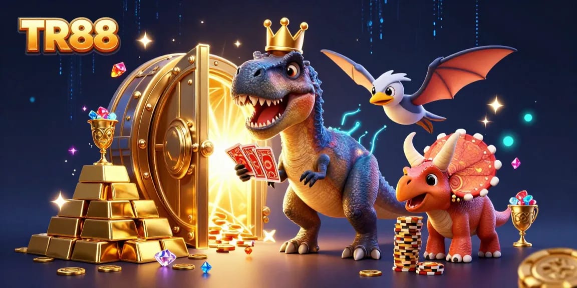 TR88 welcomes players with a friendly T-Rex shuffling cards and a triceratops stacking chips in a vibrant casino scene.