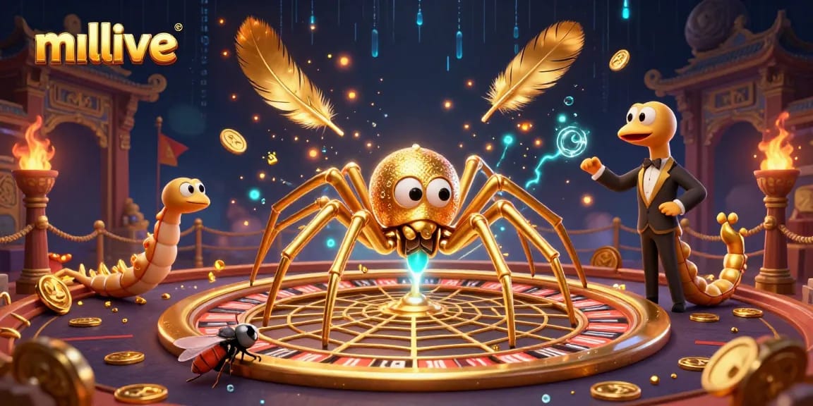 Experience high-energy live betting with mmlive's golden spider and croupier in a thrilling casino scene.