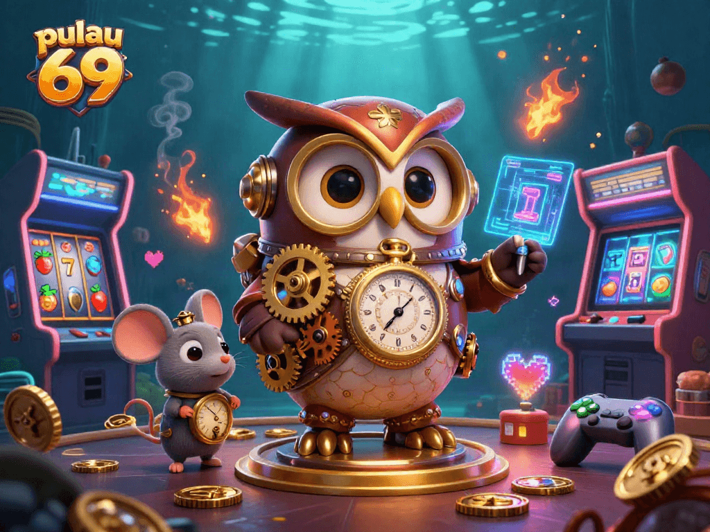 Experience pulau 69 like never before with vibrant slot reels and dynamic casino elements in this captivating illustration.