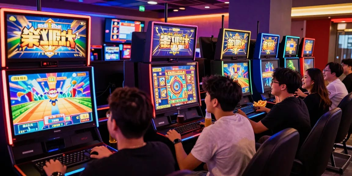 Engaging group enjoying slot online games in a vibrant atmosphere with colorful screens.