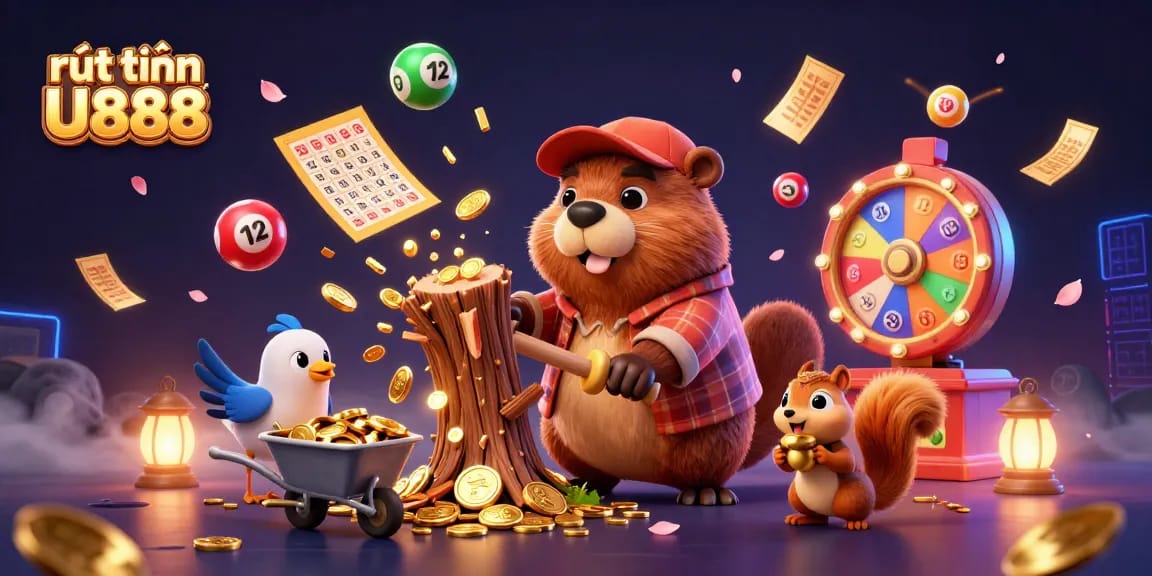 Win big with rút tiền U888 as a cartoon beaver chops a coin tree, surrounded by lively lottery elements.