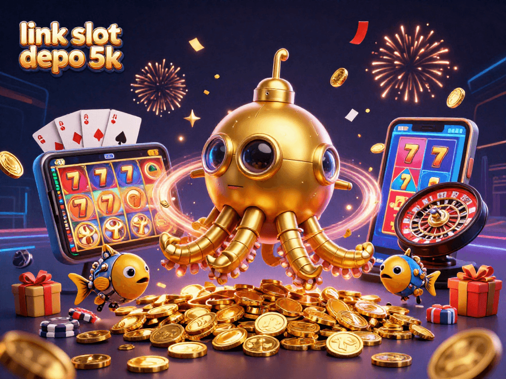 Spin to win with link slot depo 5k, featuring a vibrant 3D casino illustration.