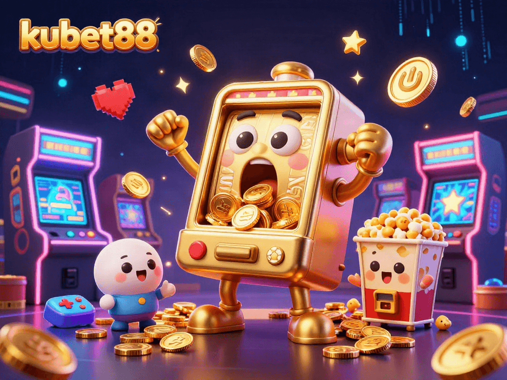 kubet88 brings excitement with a golden slot machine hitting a jackpot and cheering baby machines.