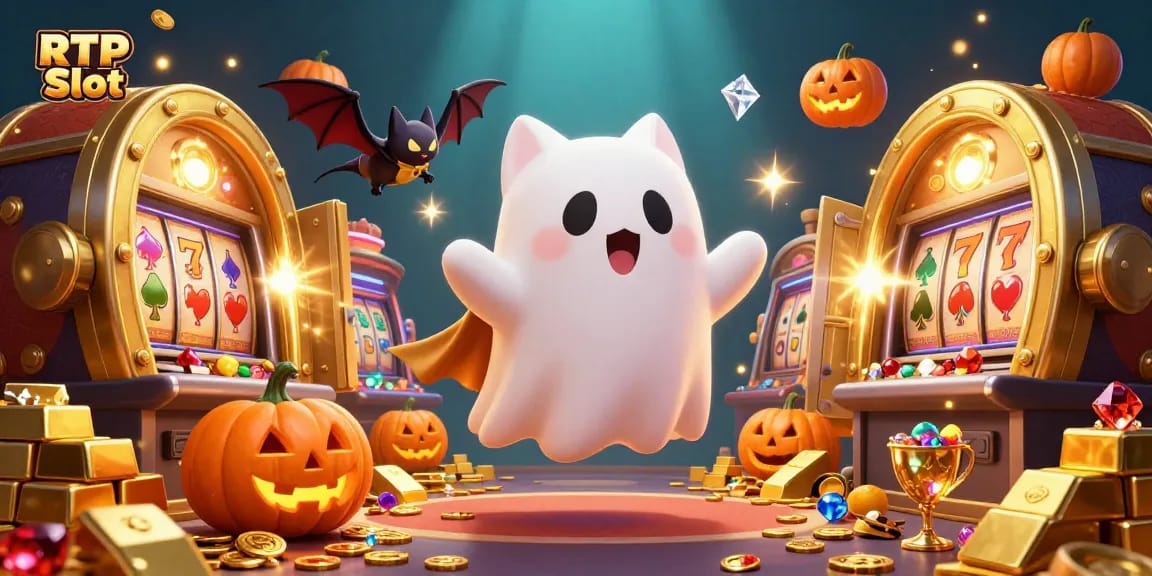 Experience thrilling gameplay with RTP Slot featuring a friendly ghost cat and a vampire bat amidst riches and vibrant casino symbols.