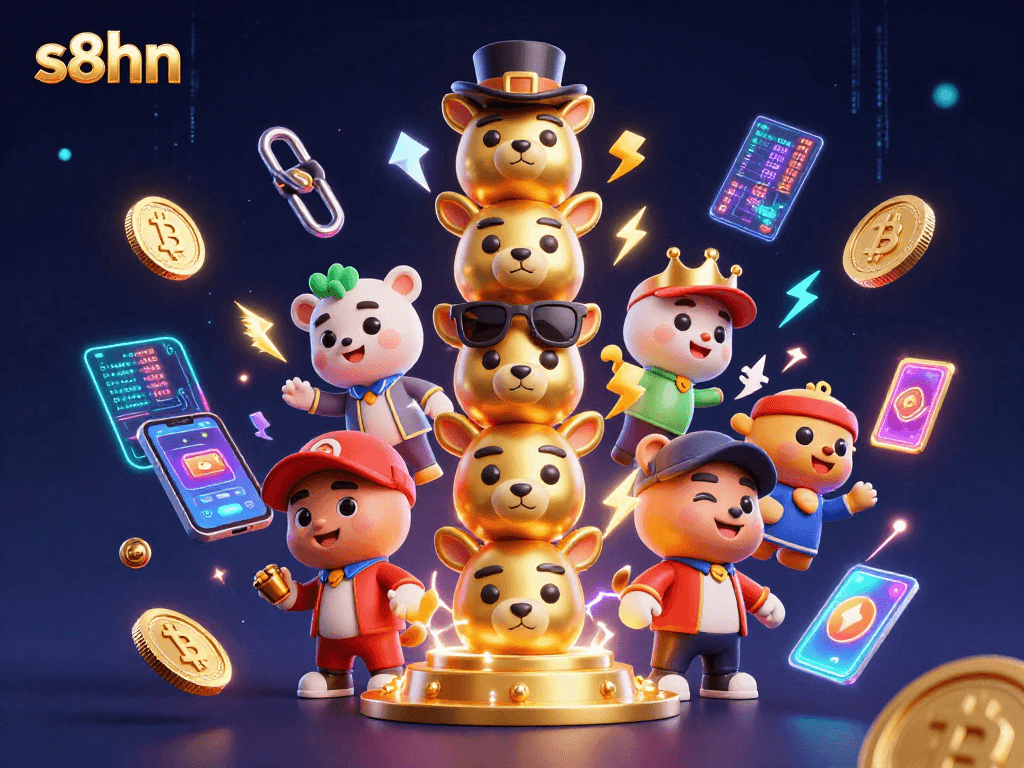 Immerse in the vibrant world of s8hn with a golden totem pole and dynamic crypto elements.