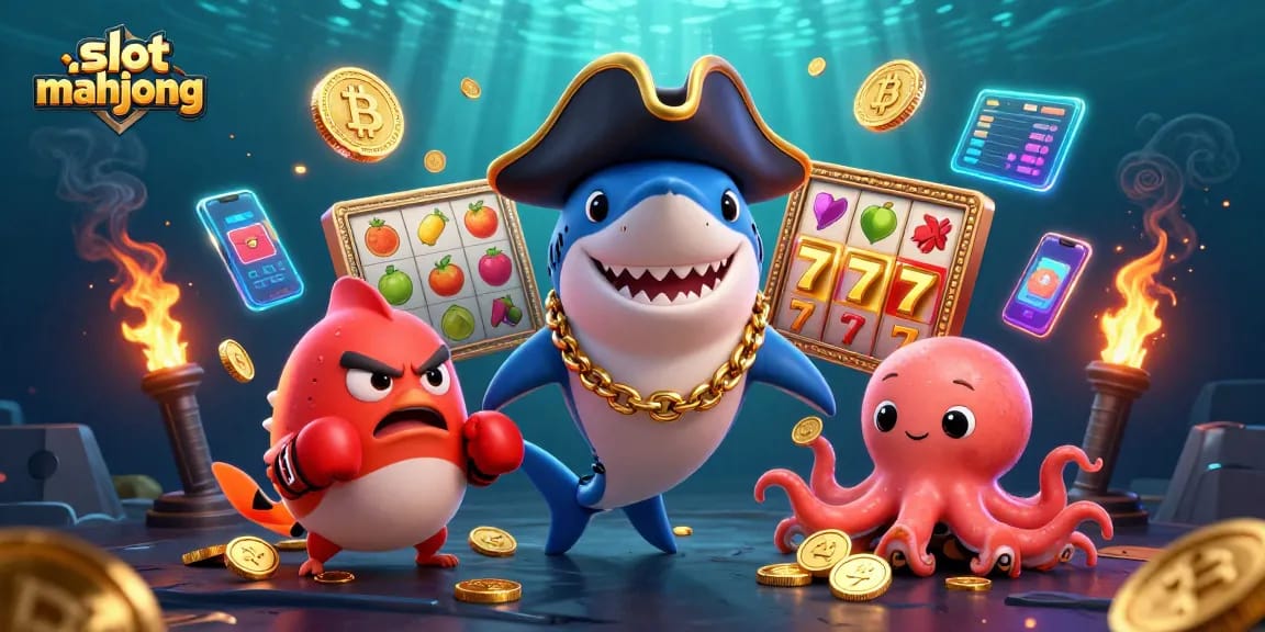 Engage with slot mahjong as a pirate shark, pufferfish, and octopus explore a vibrant underwater casino.