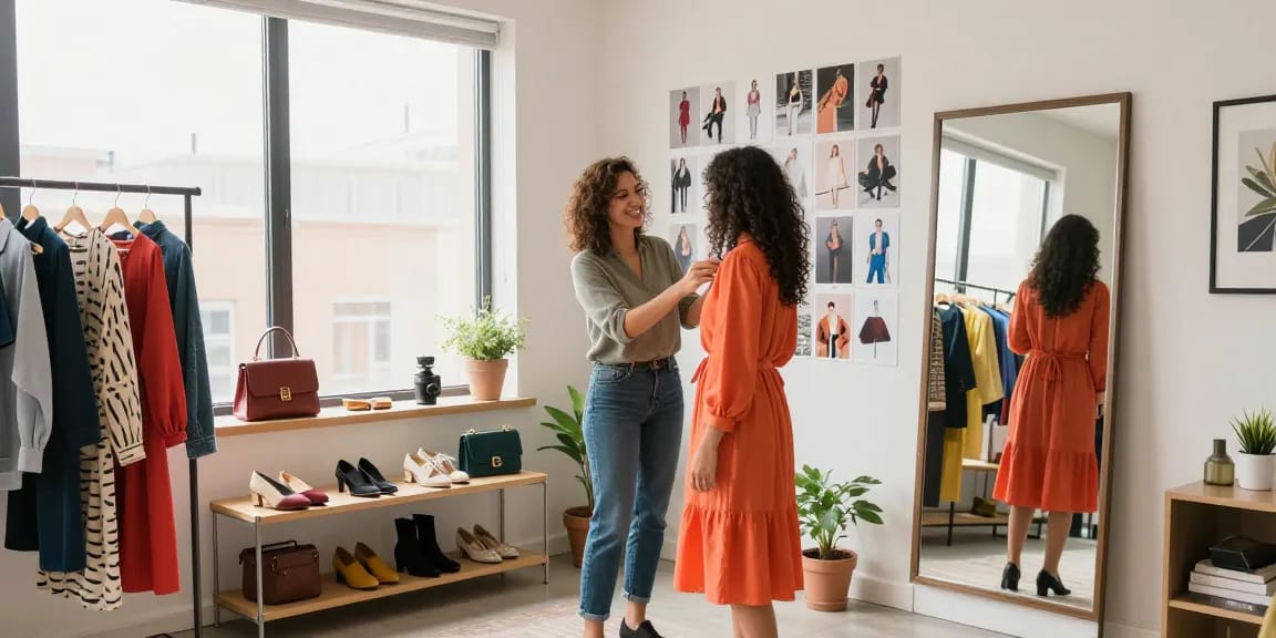 Consulenza di Personal shopping in un appartamento moderno con stilista e cliente.