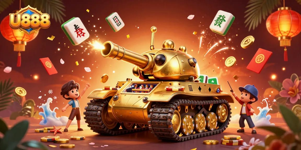 Experience the excitement of U888 in a vibrant casino scene featuring a golden beetle tank and dynamic decorations.