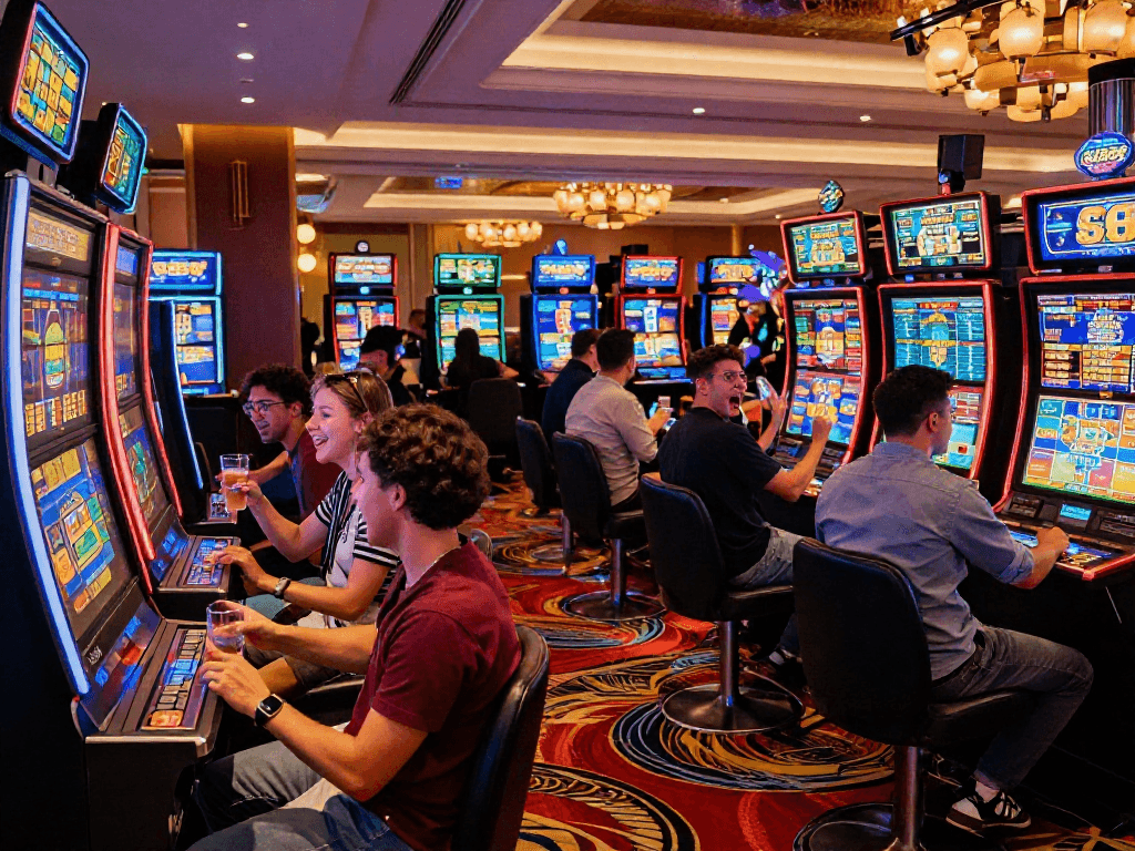 Excited friends playing slot88 machines in a vibrant casino atmosphere.