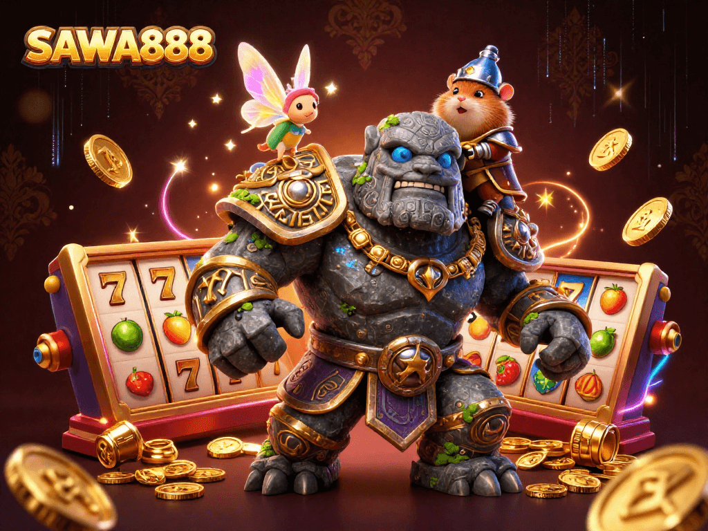 Experience thrilling slots with SAWA888's vibrant 3D illustration featuring magical characters and golden jackpots.
