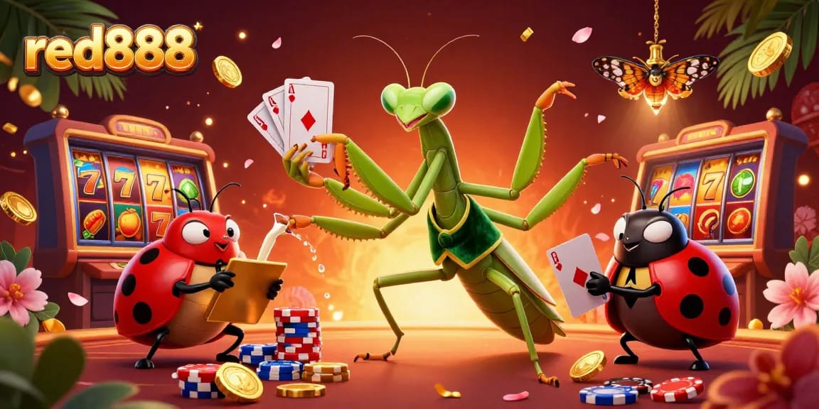 Experience thrilling wins at red888 with a vibrant casino scene featuring a whimsical praying mantis dealer.