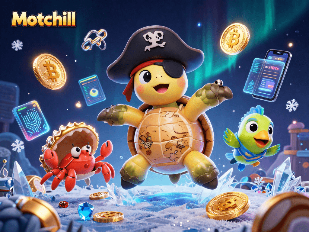 Engage with Motchill's dazzling casino scene featuring vibrant crypto elements and whimsical sea creatures.