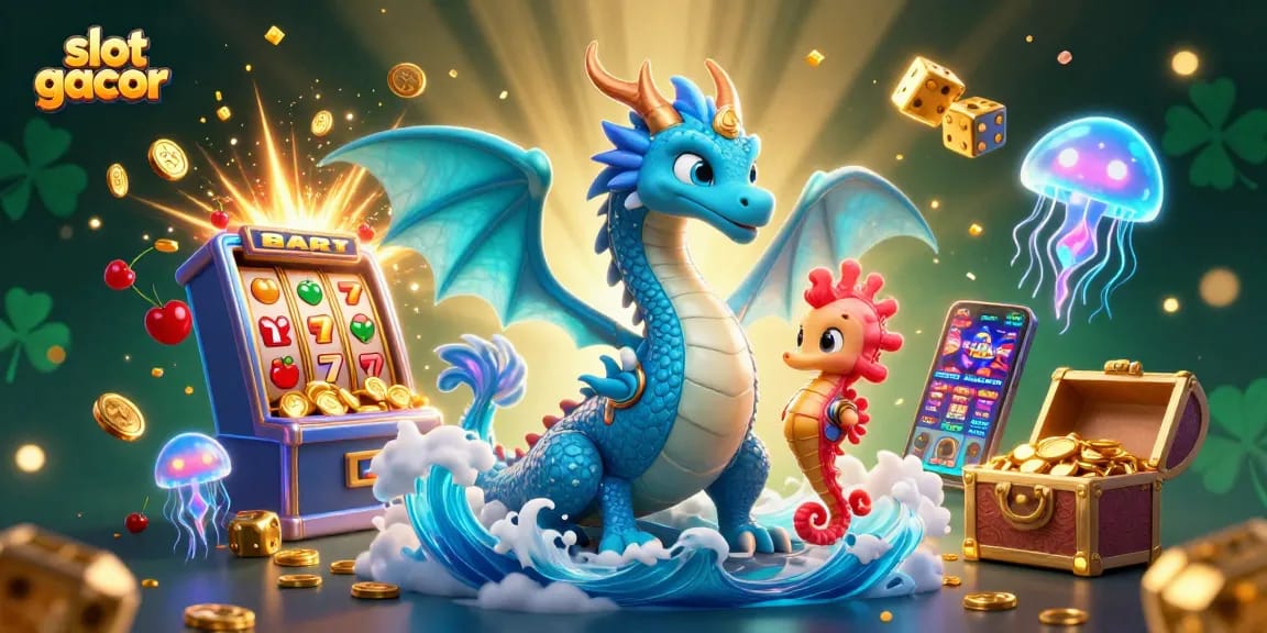 Rasakan slot gacor dengan kilauan jackpot dari mesin slot, dijaga naga air dan seahorse ksatria.