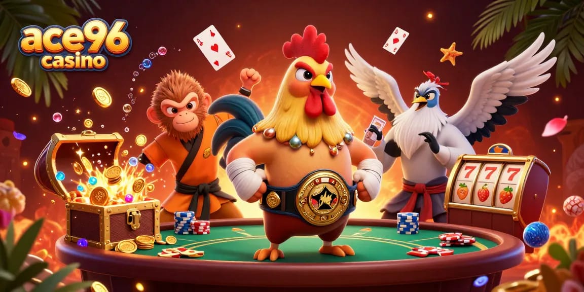 Experience the vibrant world of ace96 casino, showcasing dynamic casino action with characters in a rich setting.
