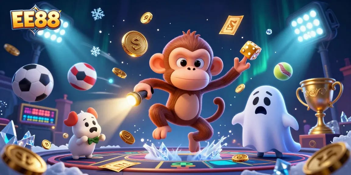 Experience the thrilling adventure at EE88, where a playful monkey juggles winning coins amidst an exciting casino scene.