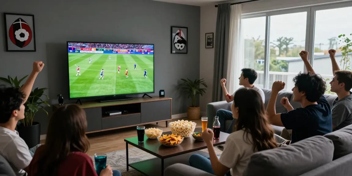 Cheerful friends enjoying kora tv live football match in cozy living room