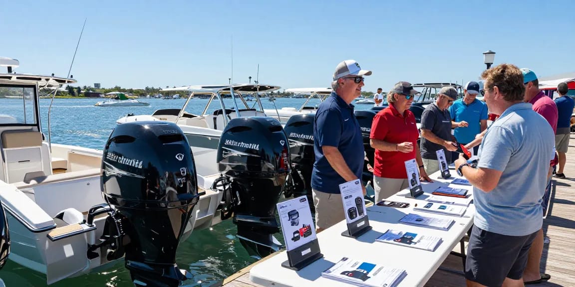 Explore a variety of outboard engine prices with enthusiasts engaged in discussions at a marine showcase event.